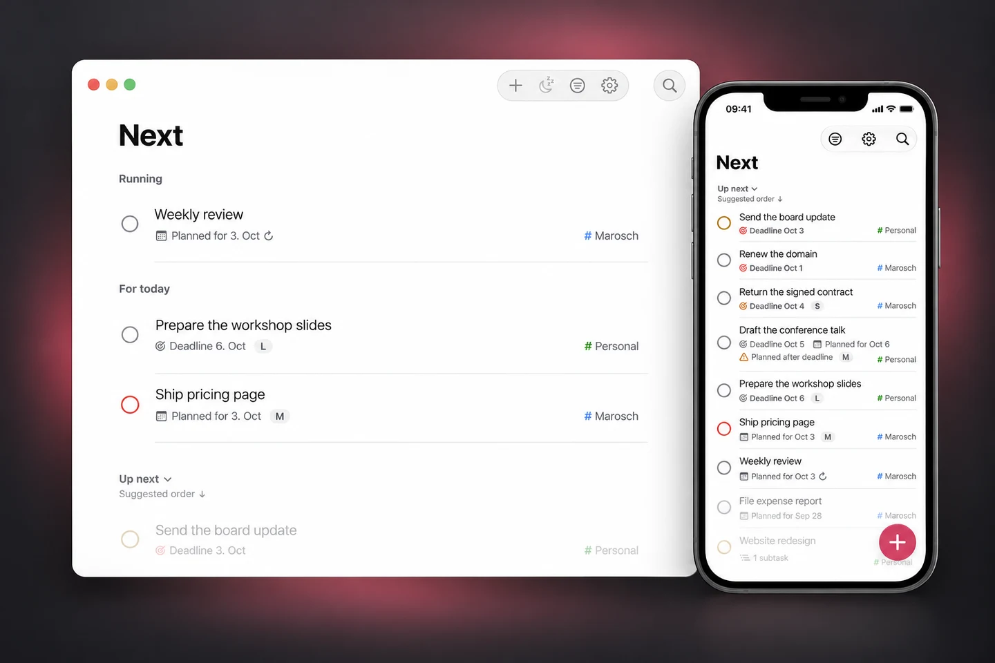 Illustratives Mockup: Next zeigt die Aufgabenliste auf dem Mac und dem iPhone