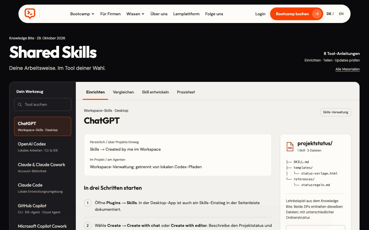 Shared-Skills-Tool mit Werkzeugauswahl, vier Arbeitsbereichen, konkreter Einrichtung und Projektstatus-Beispielpaket.
