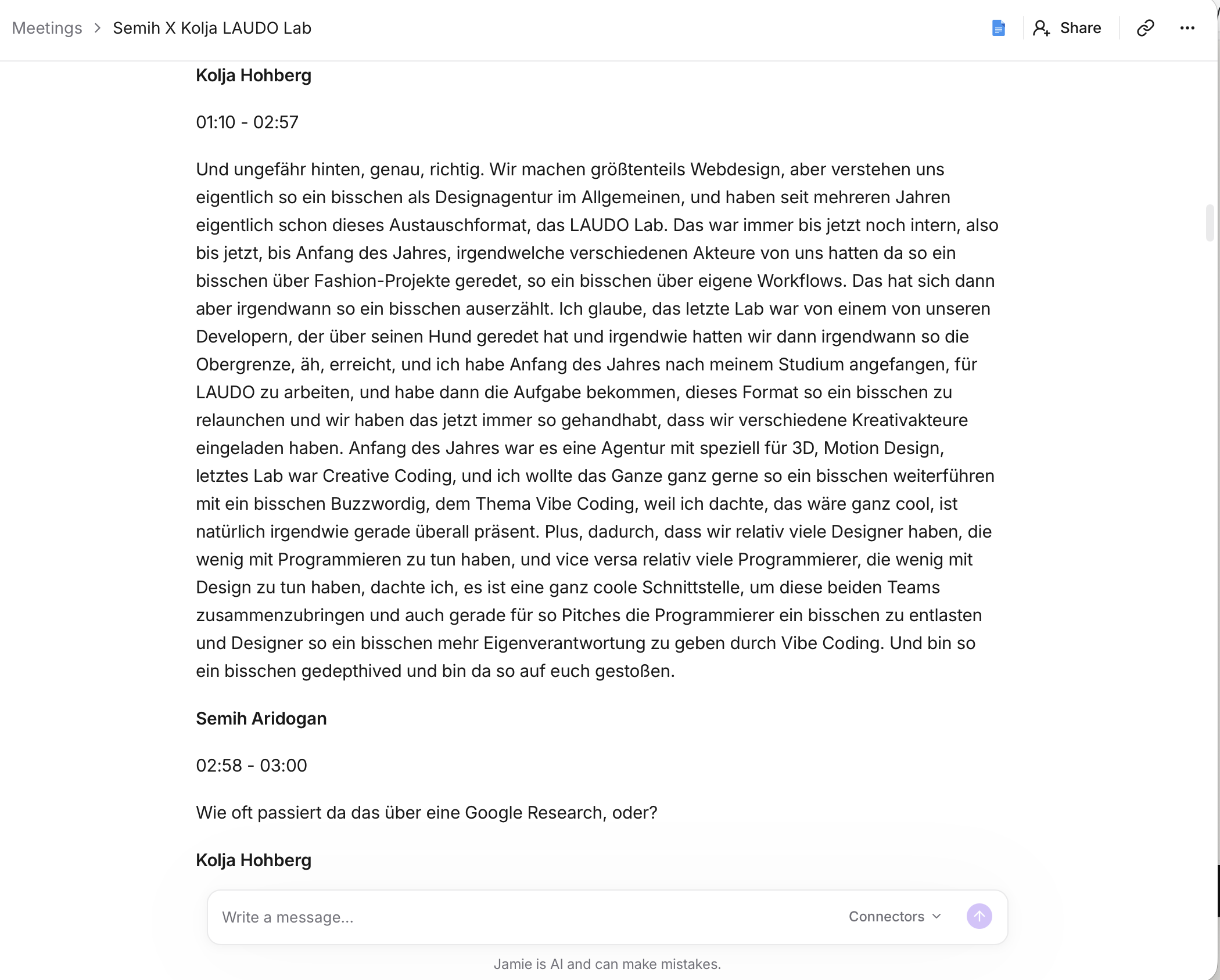 Jamie-Transkript mit Sprecherzuordnung und Zeitstempeln aus dem Gespräch Semih X Kolja LAUDO Lab