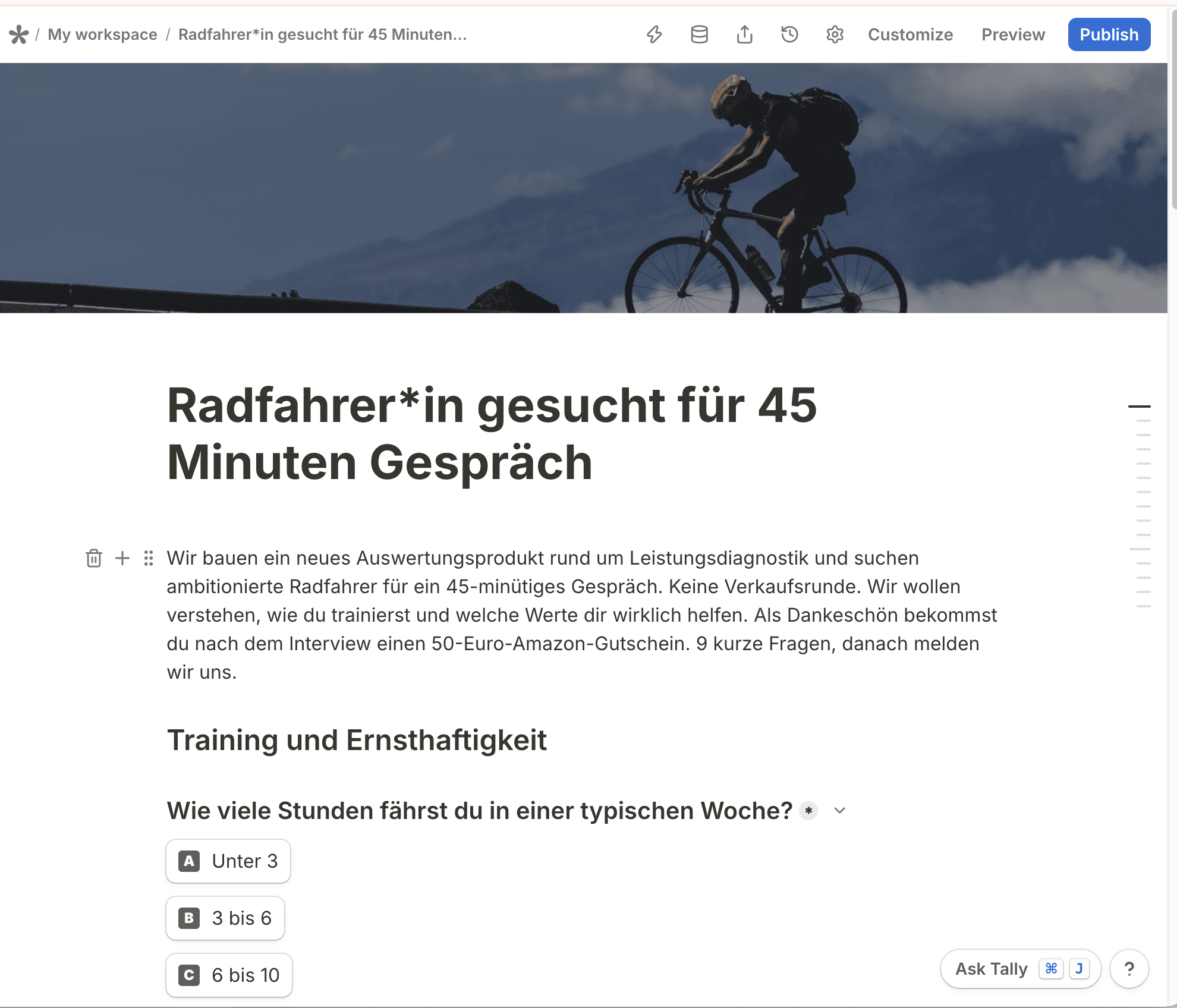 Tally-Screener für ein Interview mit Radfahrerinnen und Radfahrern, mit einer Frage zum Trainingsumfang